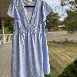A New Day Sky Blue A-Line Midi Dress with Ruffle Sleeves